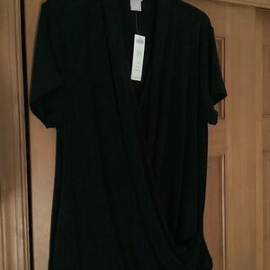$24 🌹 Chicos Sz 2 12-14 Black Travelers Short Sleeve Drape Front Top BNWT